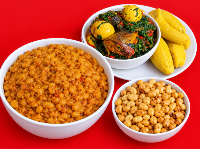 Cheap Nigerian foods for healthy weight gain, including beans, eggs, plantain, and groundnuts.