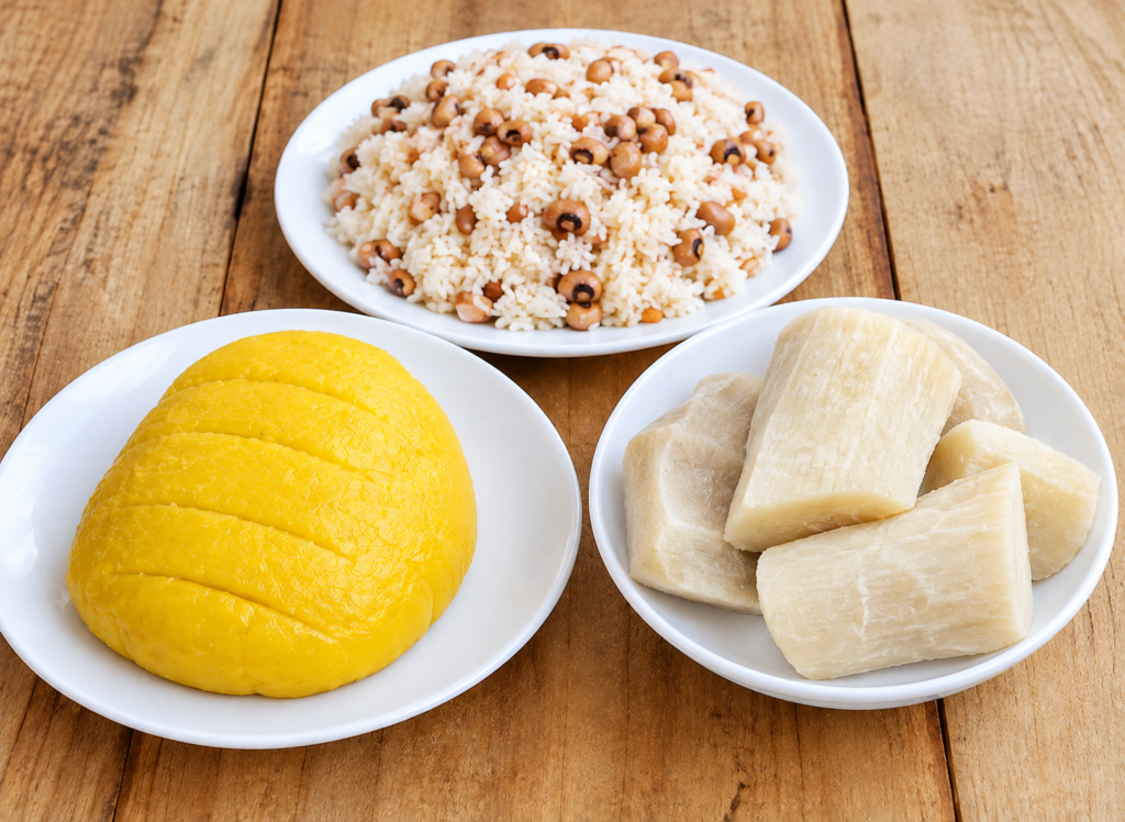 Affordable Nigerian carbohydrate foods including yam, rice, sweet potatoes, and garri.