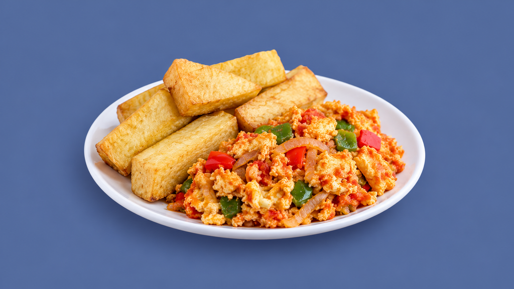 Fried yam served with Nigerian egg sauce