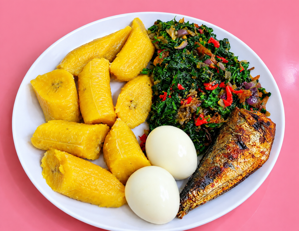 Nigerian-style meal with boiled plantain, sautéed green vegetables, boiled eggs and fried fish served on a white plate on a pink dining table.