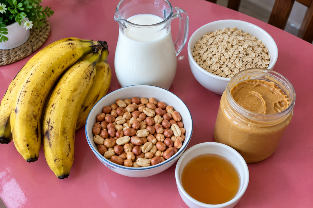 Ingredients for a Nigerian peanut butter and banana smoothie, including ripe bananas, milk, oats, groundnuts, peanut butter and honey arranged on a pink dining table.