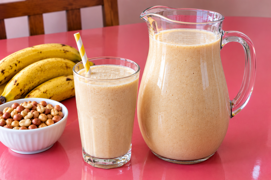 Creamy banana and peanut butter smoothie served in a glass pitcher and drinking glass on a pink dining table, with bananas and roasted groundnuts beside it.