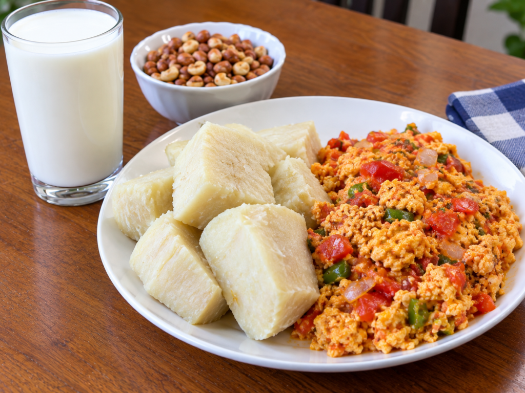 Day 2 Nigerian meal with boiled yam and egg sauce