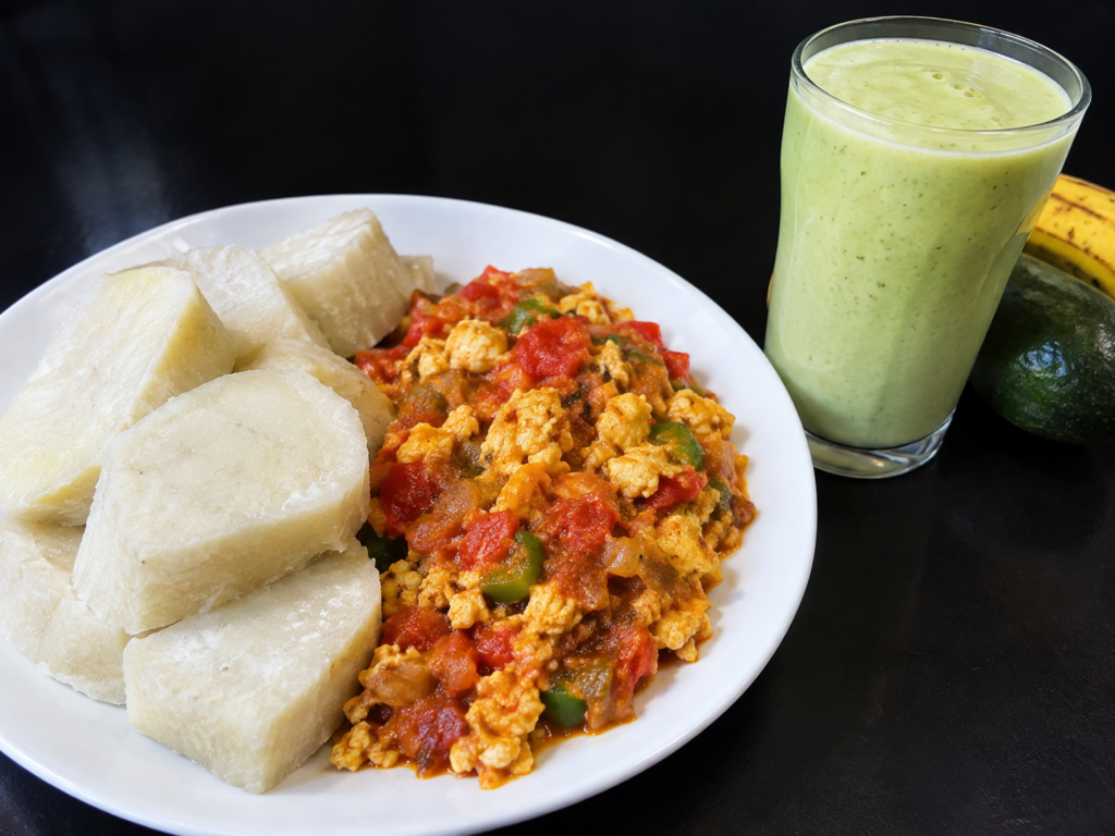 Day 7 Nigerian meal with boiled yam, egg sauce and an avocado-banana smoothie