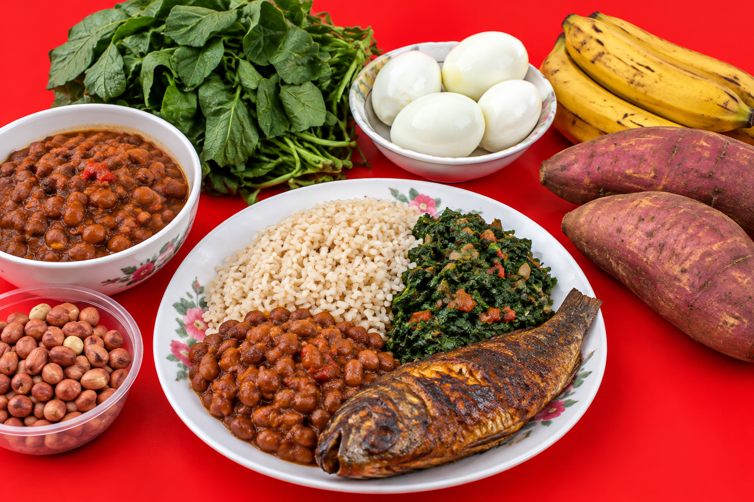 Affordable Nigerian foods for healthy eating on a budget, including rice, beans, fish, eggs, groundnuts and vegetables.
